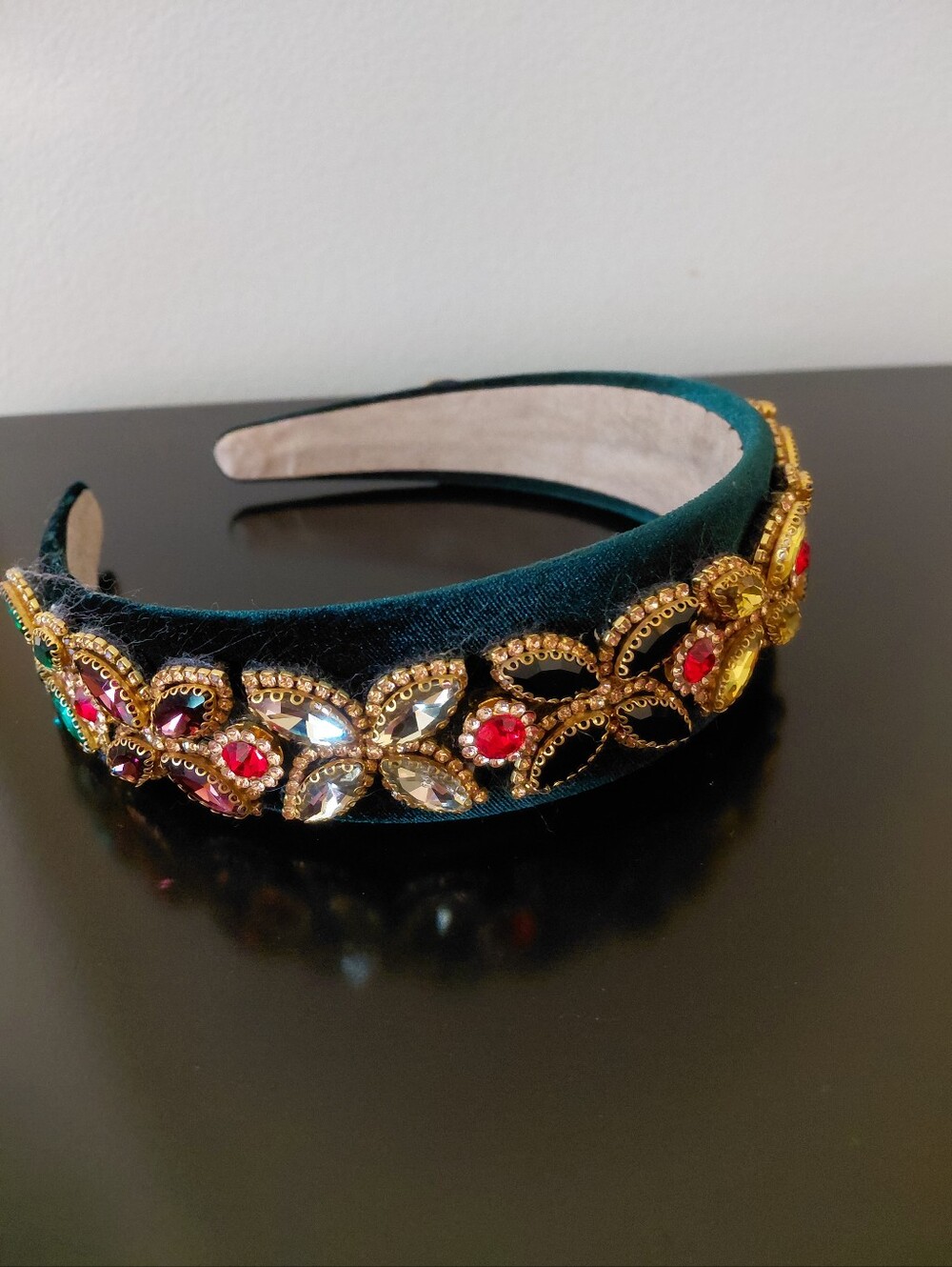 Velvet Hunter Green Headband W/ Rhinestone Crystal Accents Bling